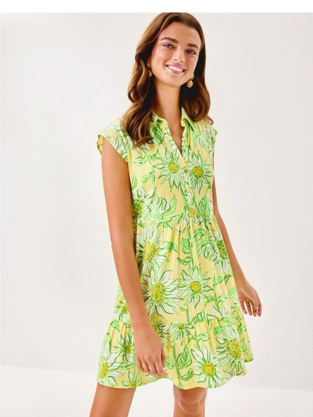 Lilly Pulitzer Yellow Floral Sleeveless Mini Dress with Green Accents